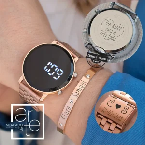 Relógio Digital e/ou pulseira em aço inox "Um Amor para a Vida Toda"
