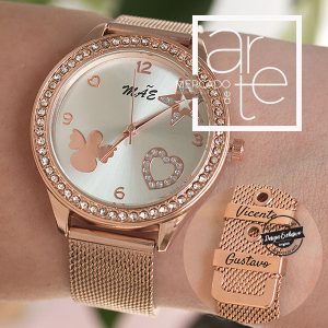 Relógio " Mãe "com strass em aço inoxidável